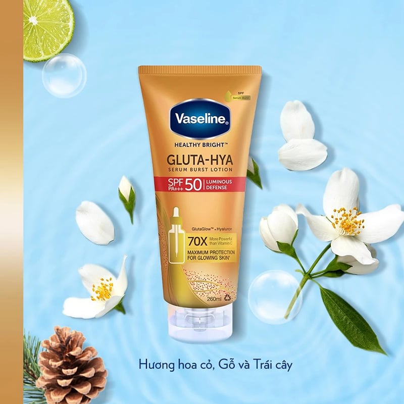 thegioiskinfood.com - Serum Dưỡng Thể Chống Nắng Vaseline Healthy Bright Gluta-Hya Serum Burst Lotion SPF50 PA+++ 260ml (chai cam)