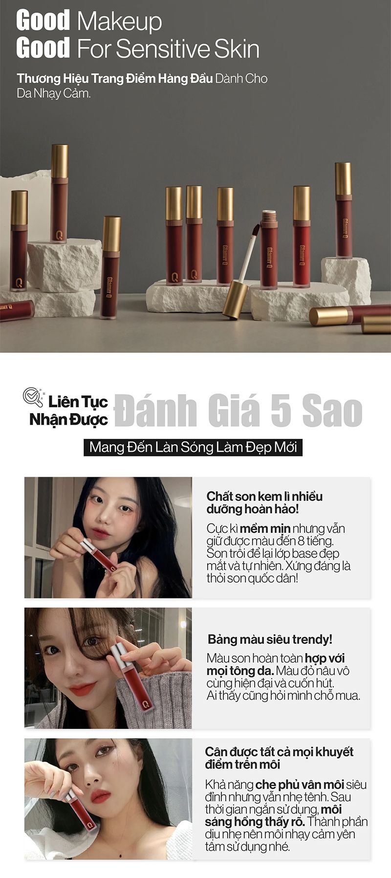 Son Kem Siêu Lì, Lâu Trôi, Mịn Mượt Nhẹ Môi Glamrr Q Long Wear Lip Cream 5g