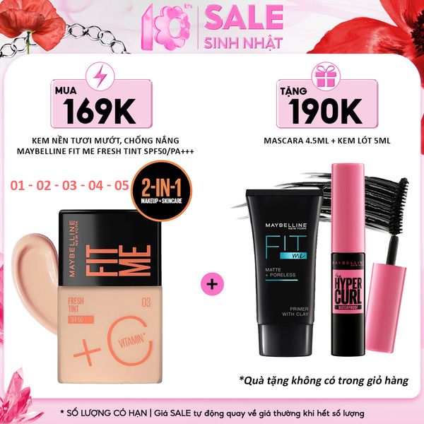 Ưu đãi lên đến 190k khi mua Kem nền Maybelline Fit Me Fresh Tint SPF50/PA+++