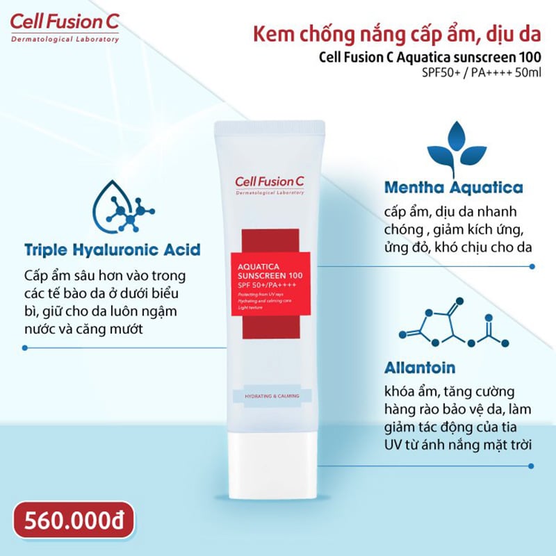 Kem Chống Nắng Cấp Ẩm, Làm Dịu Da, Cho Da Khô & Hỗn Hợp Thiên Khô Cell Fusion C Aquatica Sunscreen 100 SPF 50+/PA++++ 50ml