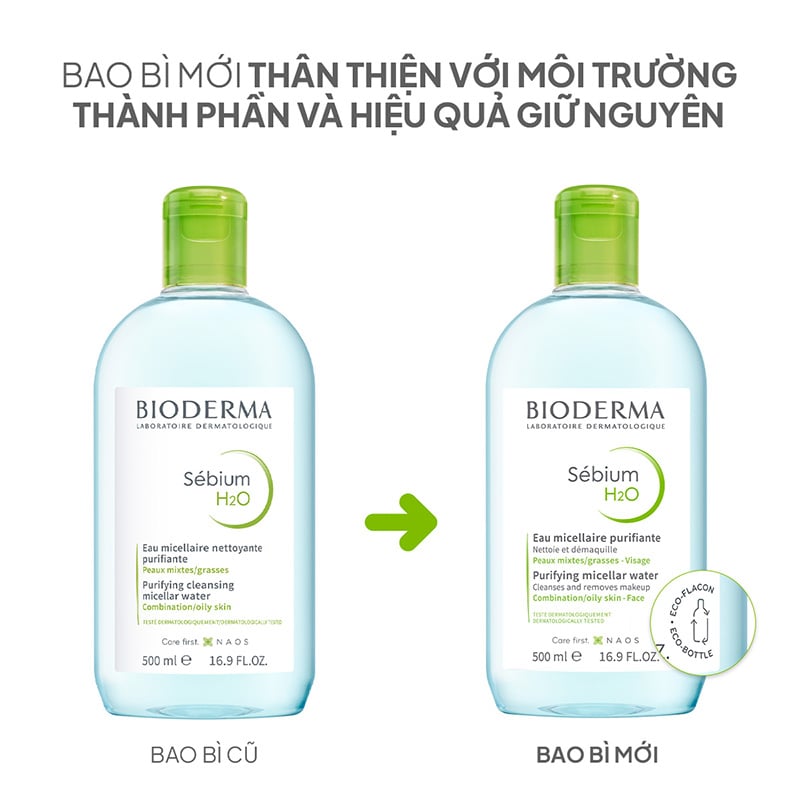 thegioiskinfood.com - thay đổi bao bì Nước Tẩy Trang Bioderma Cho Da Dầu, Da Hỗn Hợp, Da Mụn Sebium H2O