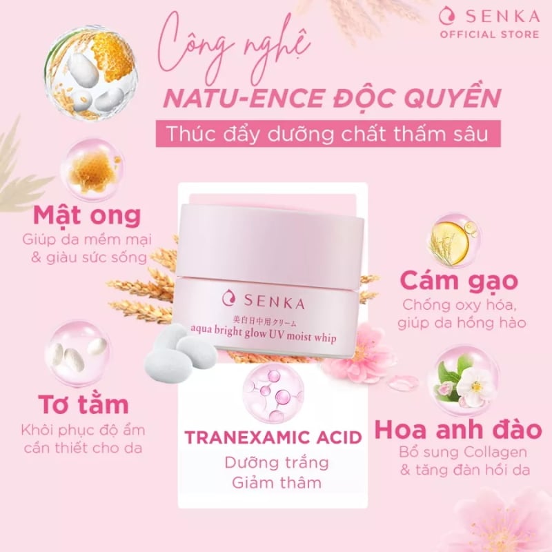 Kem Dưỡng Trắng Da, Giảm Thâm Nám Ban Ngày Senka Aqua Bright Glow UV Moist Whip SPF25+/PA++ 50g