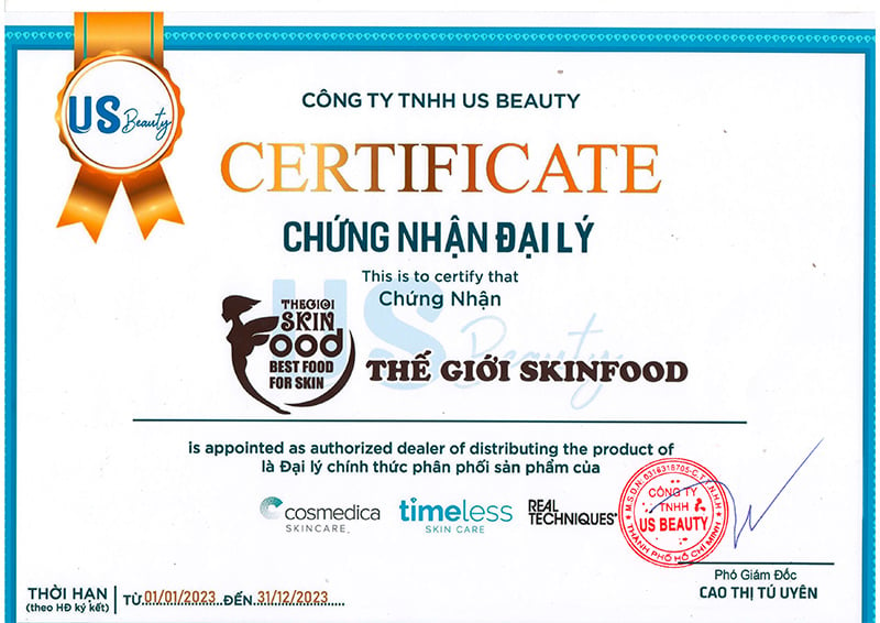 Giấy chứng nhận Thế giới Skinfood là đại lý phân phối chính thức thương hiệu Timeless tại Việt Nam