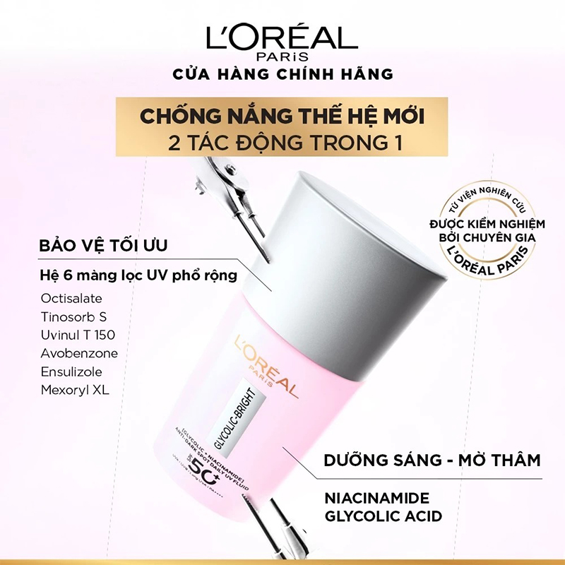 Sữa Chống Nắng Phổ Rộng Mỏng Nhẹ, Hỗ Trợ Dưỡng Sáng, Giảm Mờ Thâm Nám Loreal Glycolic-Bright Anti-Dark Spot Daily Uv Fluid SPF 50+/PA++++ 50ml