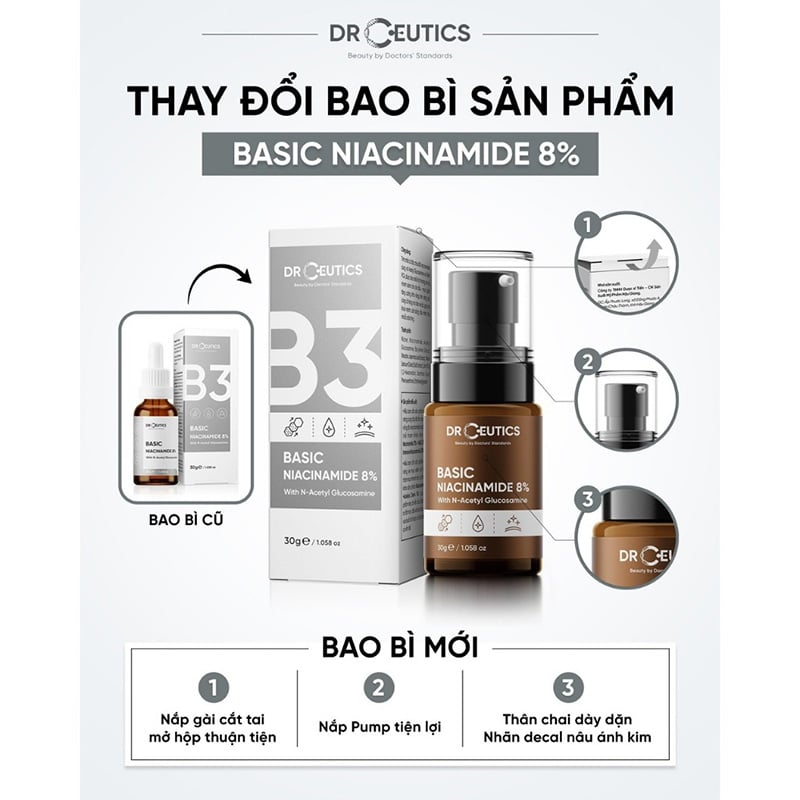 Serum DrCeutics Giảm Thâm, Sáng Da & Kiềm Dầu DrCeutics Basic Niacinamide 8% - size 30g