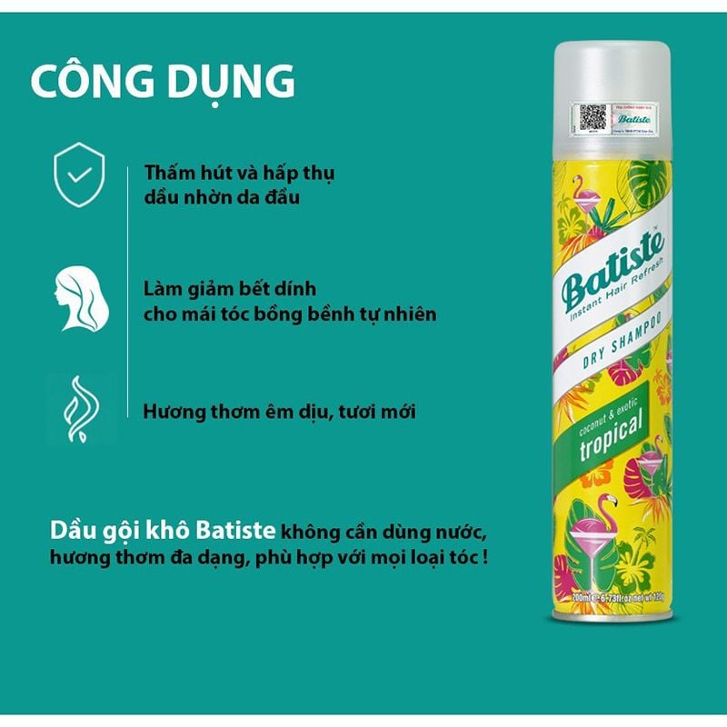 Dầu Gội Khô Giúp Làm Sạch, Tóc Bồng Bềnh Batiste Dry Shampoo 50ml