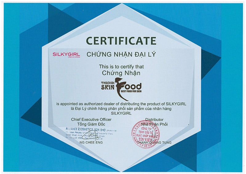 Giấy chứng nhận Thế Giới Skinfood là đại lý phân phối chính thức thương hiệu Silkygirl tại Việt Nam