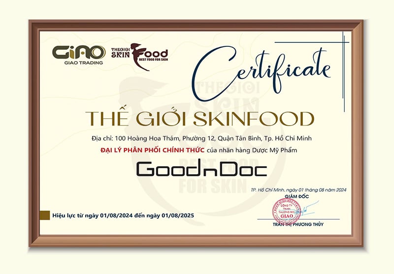 Giấy Chứng Nhận Thế giới Skinfood là đại lý phân phối chính thức thương hiệu GoodnDoc tại Việt Nam