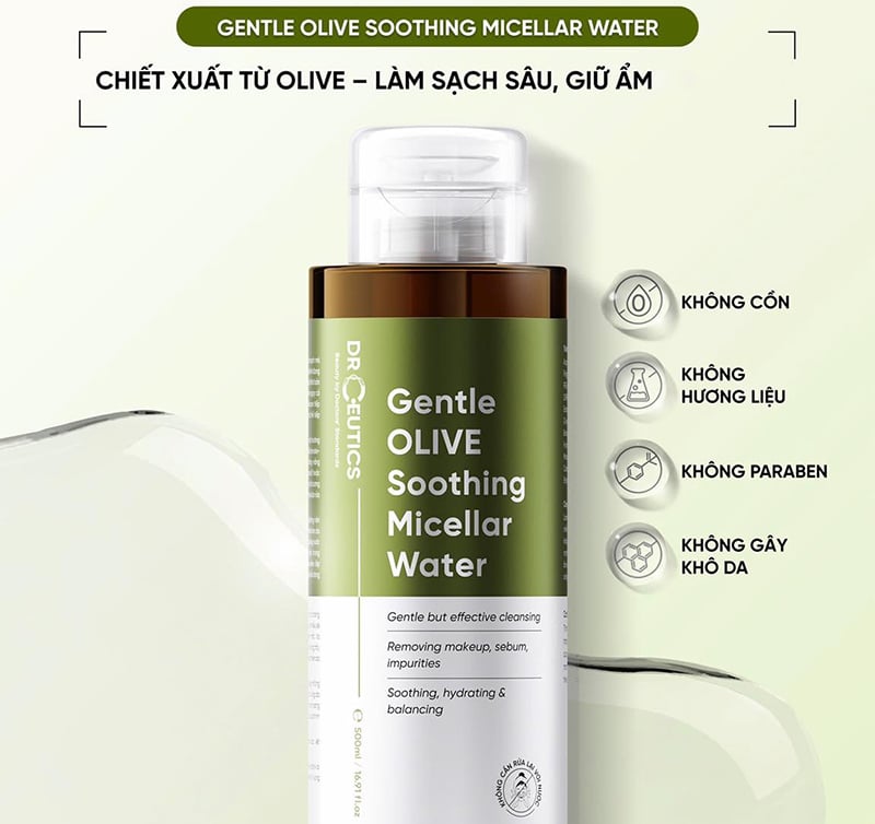 thegioiskinfood.com - Nước Tẩy Trang Drceutics Làm Dịu Da Gentle Olive Soothing Micellar Water 500ml