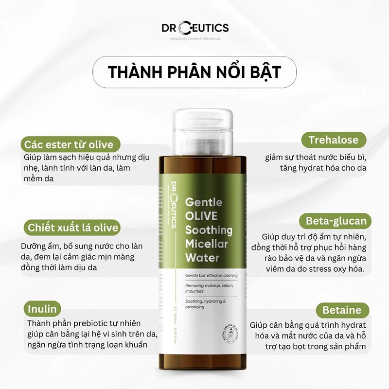 thegioiskinfood.com - Nước Tẩy Trang Drceutics Làm Dịu Da Gentle Olive Soothing Micellar Water 500ml