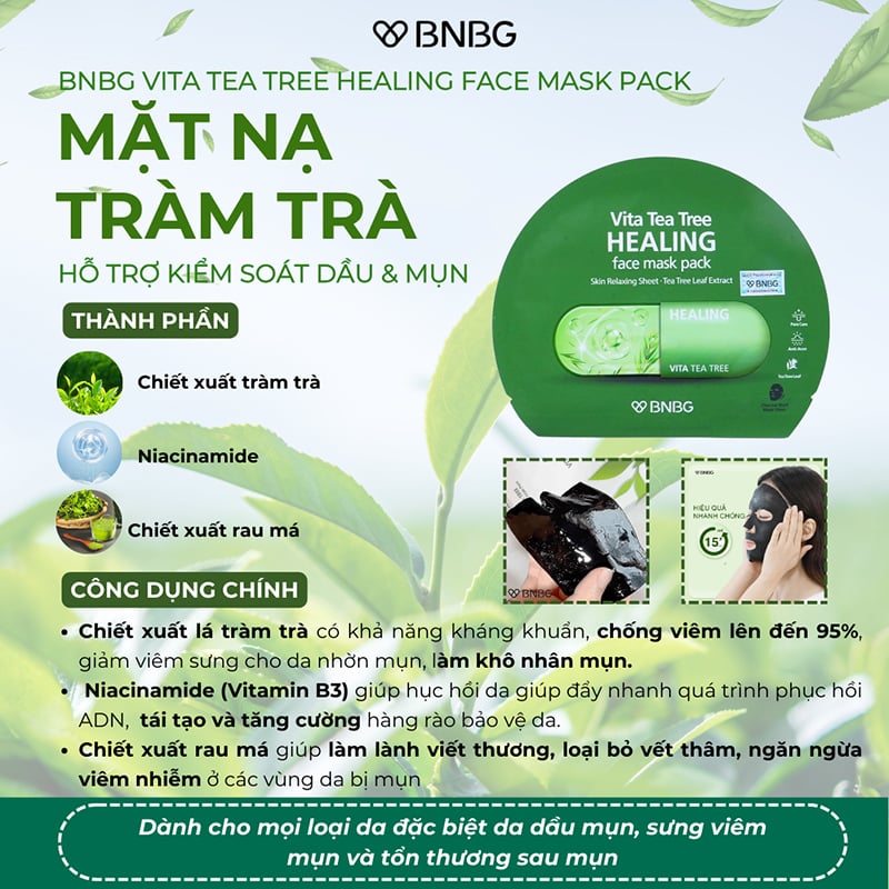 Mặt Nạ Miếng Thải Độc Da, Giảm Mụn Chiết Xuất Tràm Trà BNBG Vita Tea Tree Healing Face Mask Pack 30ml