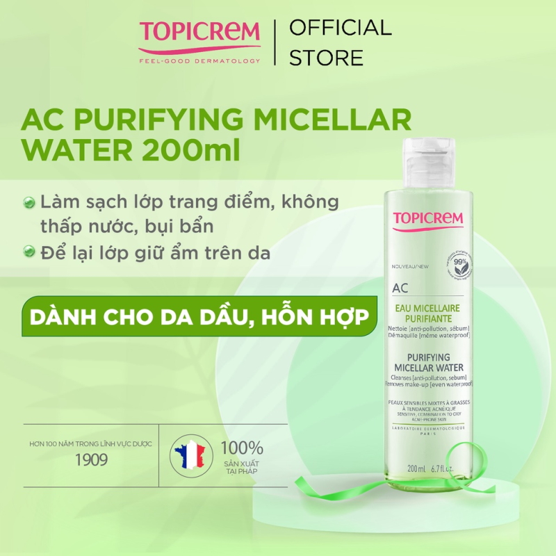 Nước Tẩy Trang Làm Sạch Sâu, Dành Cho Da Hỗn Hợp Dầu, Mụn Topicrem AC Purifying Micellar Water 200ml