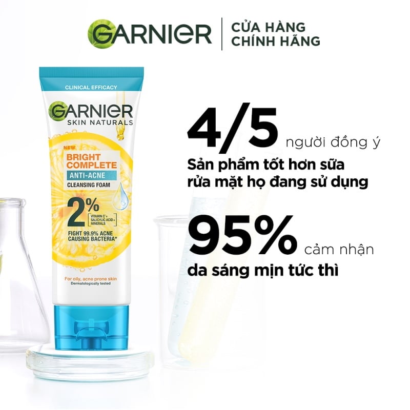 Sữa Rửa Mặt 3 Trong 1 Giảm Mụn, Dưỡng Sáng Da Garnier Bright Complete 3-in-1 Anti-Acne Foam
