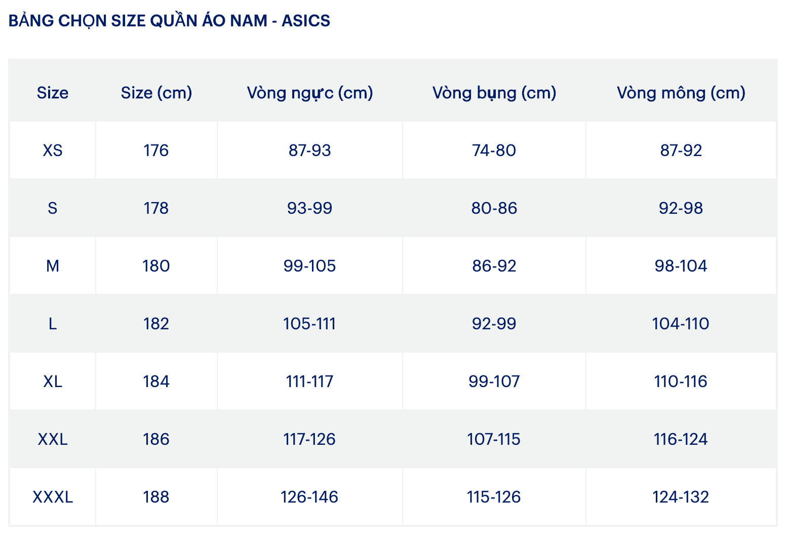 Bảng chọn size quần áo nam - Asics @ ULA Vietnam - Premium Online Shopping Mall