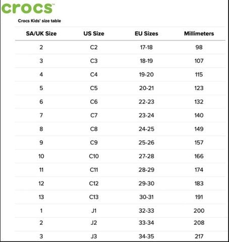 Bảng size Cross trẻ em