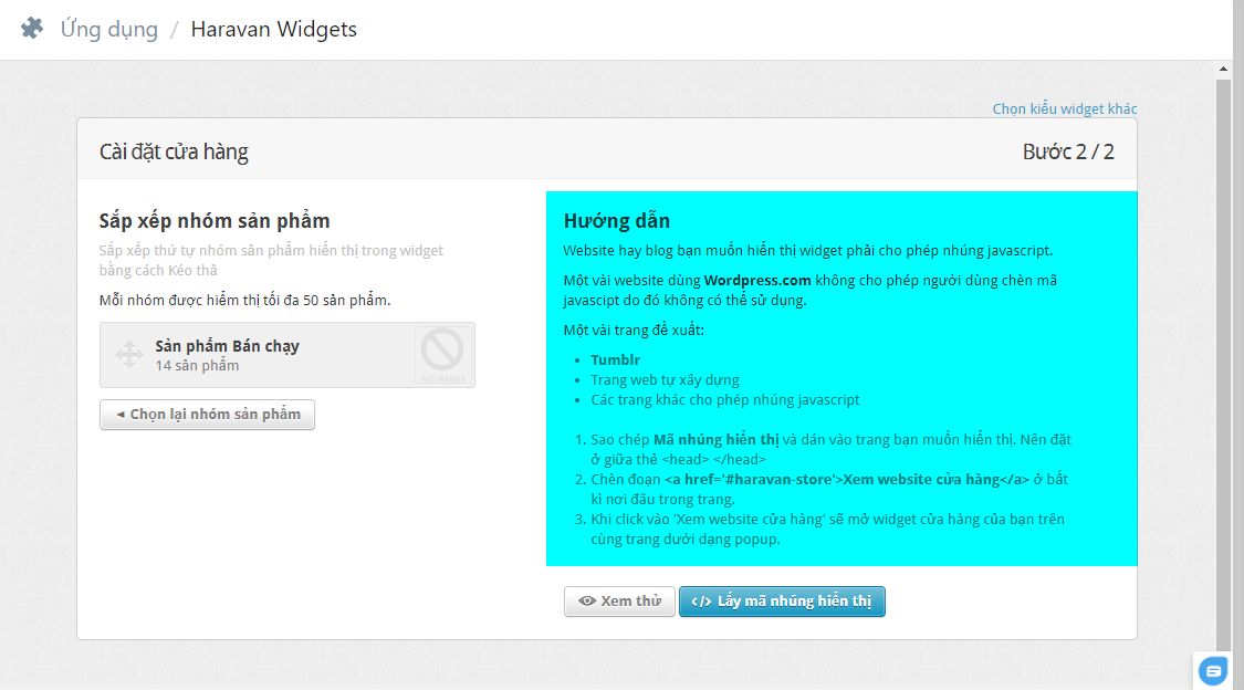 Ứng dụng - Haravan Widgets