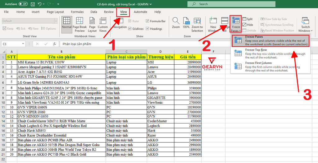 GEARVN - Hướng dẫn cố định nhiều cột trong Excel