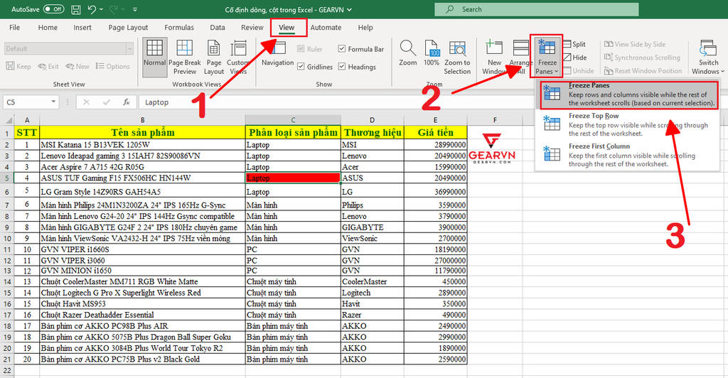 GEARVN - Hướng dẫn cố định nhiều dòng, cột trong Excel