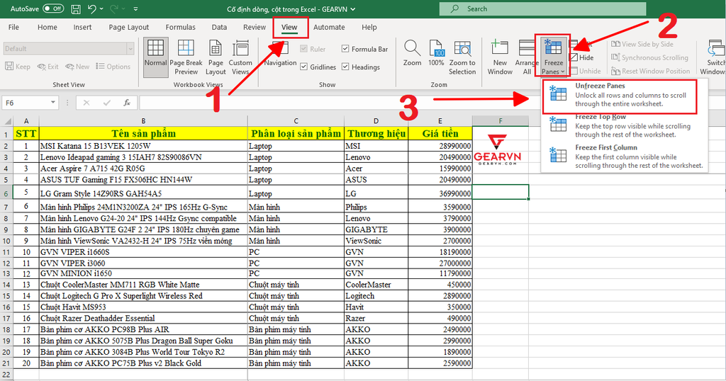 GEARVN - Hướng dẫn cố định nhiều dòng, cột trong Excel