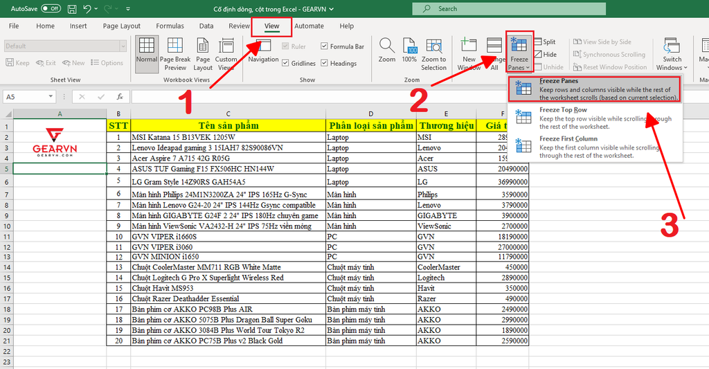 GEARVN - Hướng dẫn cố định nhiều dòng trong Excel