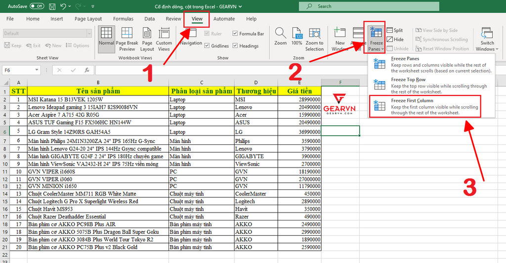 GEARVN - Hướng dẫn cố định cột đầu tiên trong Excel