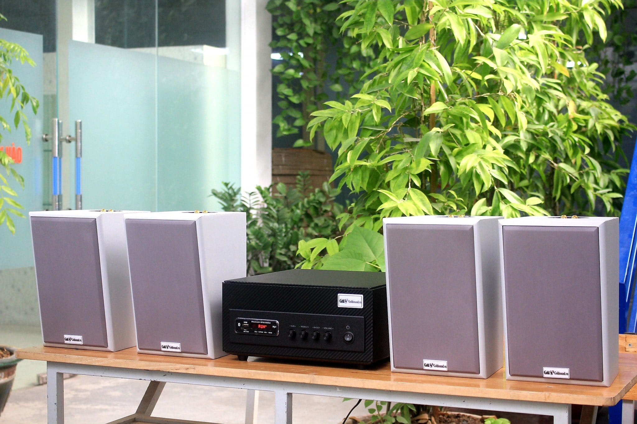 Loa nhà hàng, loa cafe: Combo Dàn âm thanh V58 Goldsound màu bạc