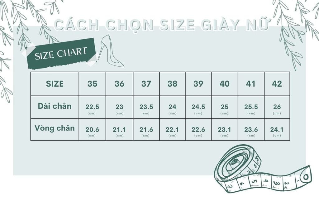 bảng size giày nữ Merly size 35 đến size 42