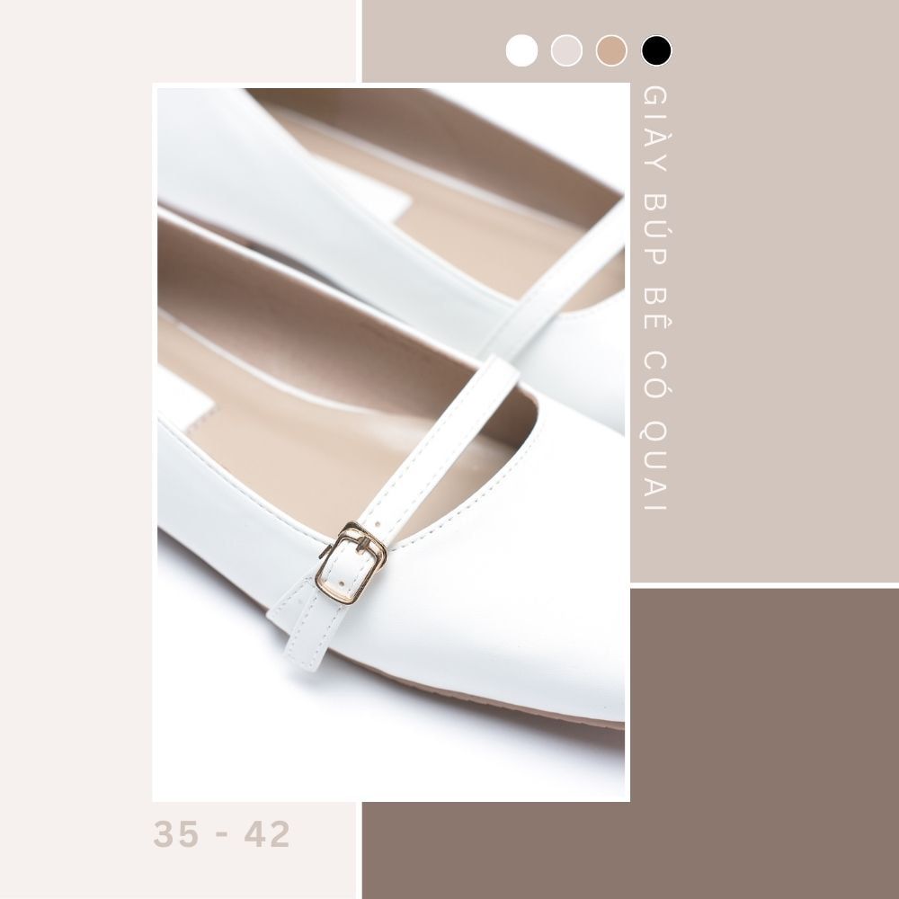 Giày búp bê Mary Jane mũi vuông quai ngang phong cách Hàn Quốc Màu Kem Nâu Đen Trắng