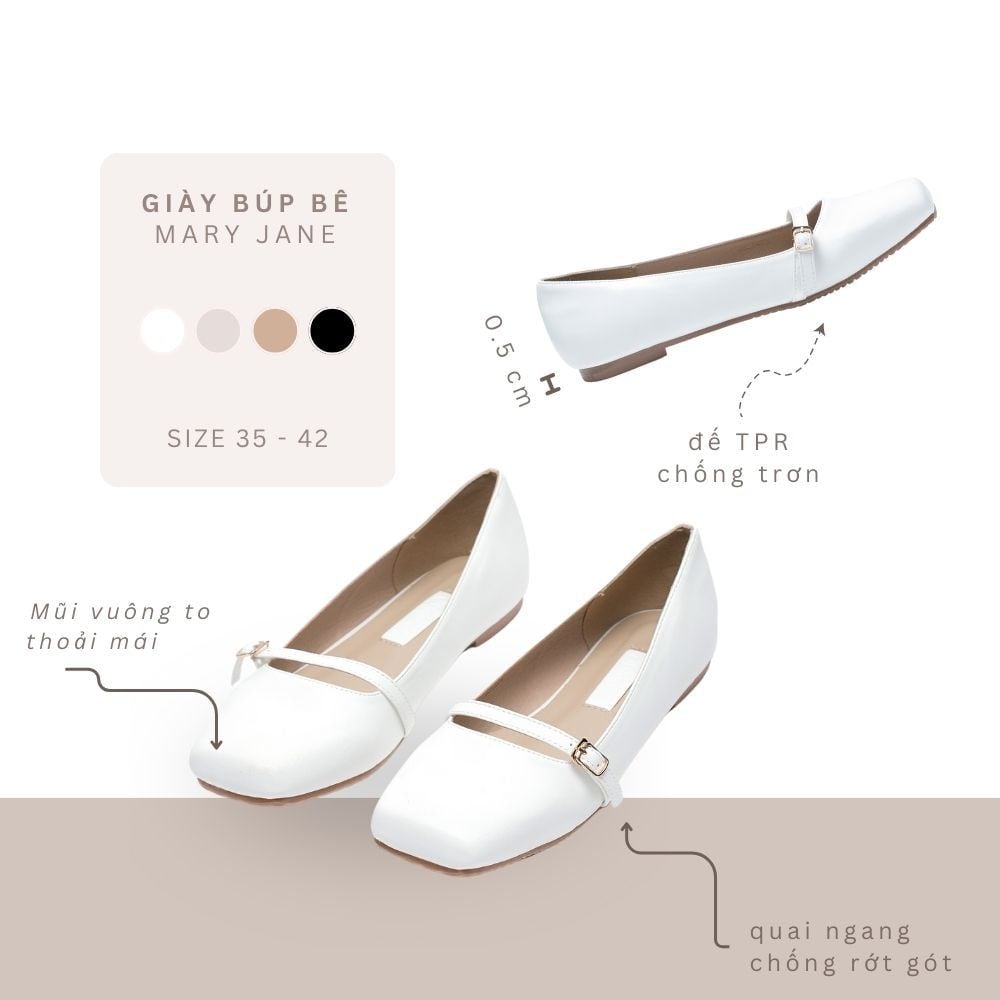Giày búp bê Mary Jane mũi vuông quai ngang phong cách Hàn Quốc Màu Kem Nâu Đen Trắng