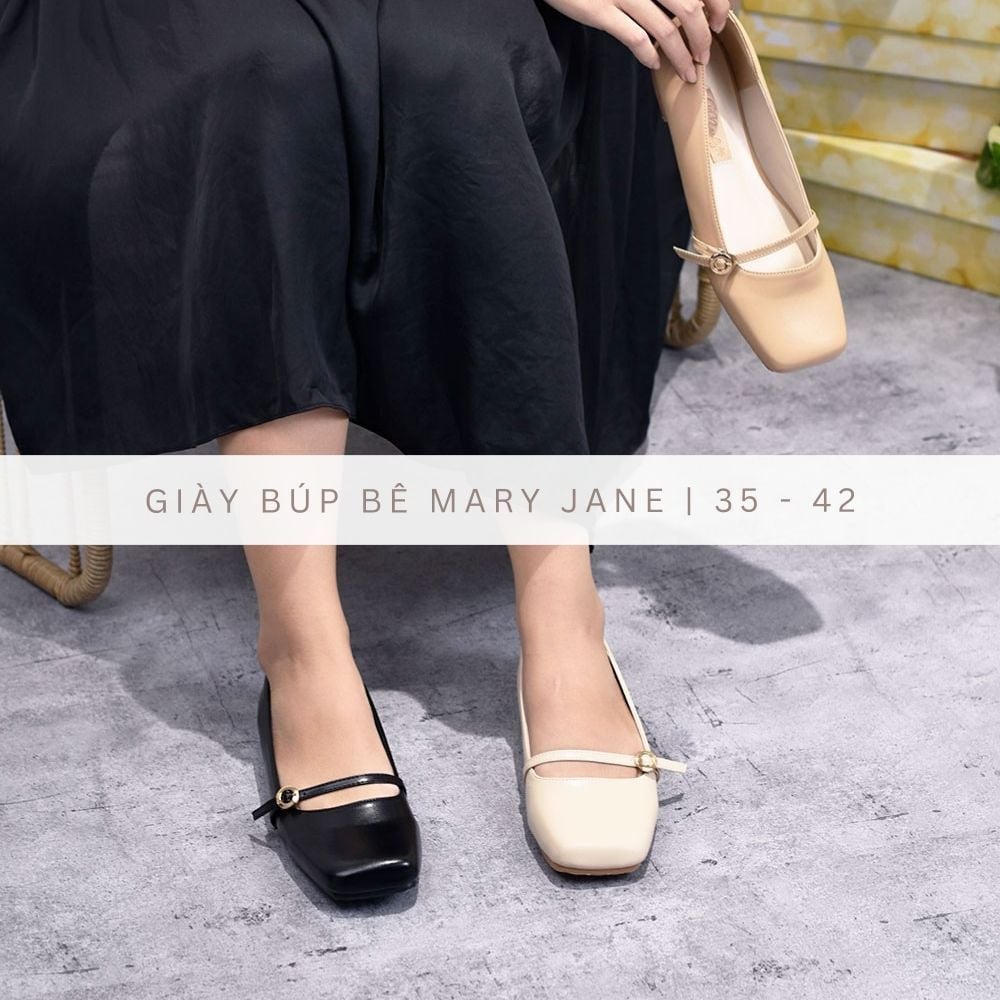 Giày búp bê Mary Jane mũi vuông quai ngang phong cách Hàn Quốc Màu Kem Nâu Đen Trắng