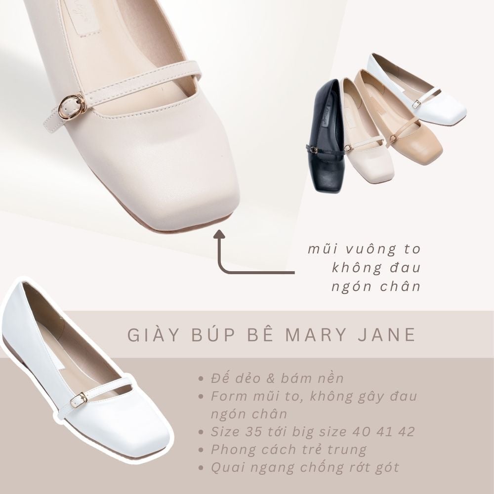 Giày búp bê Mary Jane mũi vuông quai ngang phong cách Hàn Quốc Màu Kem Nâu Đen Trắng