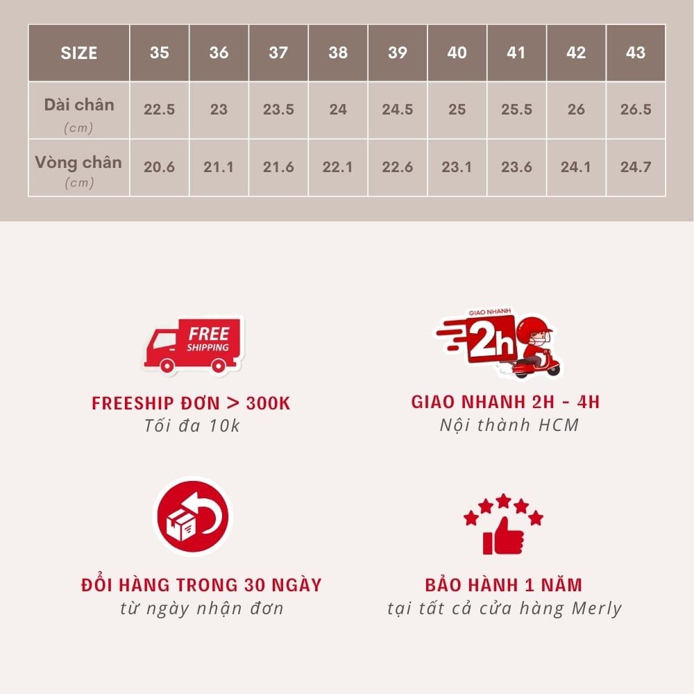 Bảng Size Chart Giày Nữ Big Size Merly & Dịch vụ giao nhận đổi trả hàng hóa khi mua online