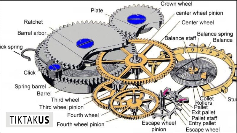 Đồng hồ cơ được cấu thành từ 5 bộ phận chính, hoạt động đồng bộ và ăn khớp với nhau một cách nhịp nhàng
