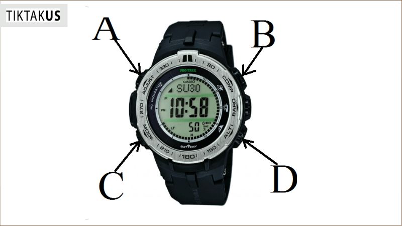 Đồng hồ Casio có 4 nút A, B, C, D