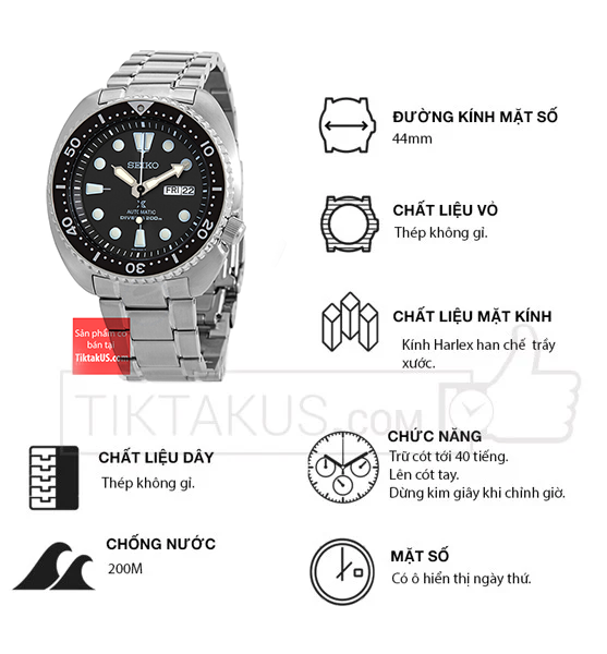 Đồng hồ nam dây thép SEIKO Prospex Automatic Turtle PROSPEX SRPF13K1 -  Tiktakus