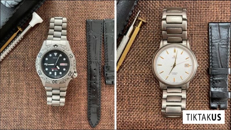 Đồng hồ mặt đen với kim và cọc số được phủ lớp luminous (lớp phủ phát sáng trong tối) sáng