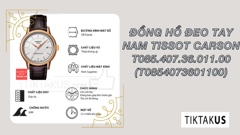 Tissot Carson T085.407.36.011.00 là một lựa chọn phù hợp cho những ai có cổ tay vừa và nhỏ