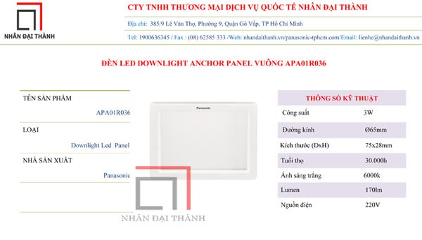 *Thông số kỹ thuật Đèn led downlight anchor Panel vuông APA01R036