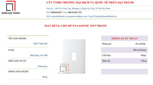 * Thông số kỹ thuật của Mặt dùng cho HB Panasonic WEV7061SW 