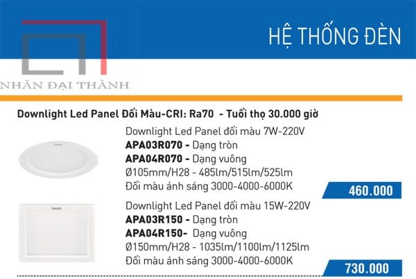 * Catalogue Đèn led downlight anchor Panel đổi màu