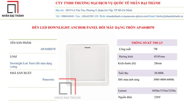 Thông số kỹ thuật của Đèn led downlight anchor Panel dạng vuông APA04R070
