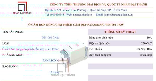 Thông số kỹ thuật của Ổ cắm đơn dùng cho phích cắm dẹp Panasonic WN1001-7KW