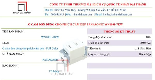 Thông số kỹ thuật của Ổ cắm đơn dùng cho phích cắm dẹp Panasonic WN1001-7KW