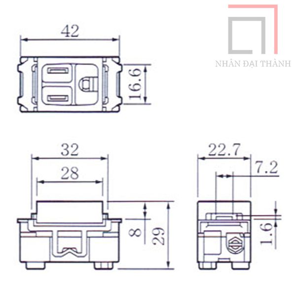 Kích thước của Ổ cắm đơn có dây nối đất dùng cho phích cắm hẹp Panasonic WN11017W