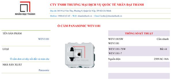 Thông số kỹ thuật của Ổ cắm Panasonic WEV1181