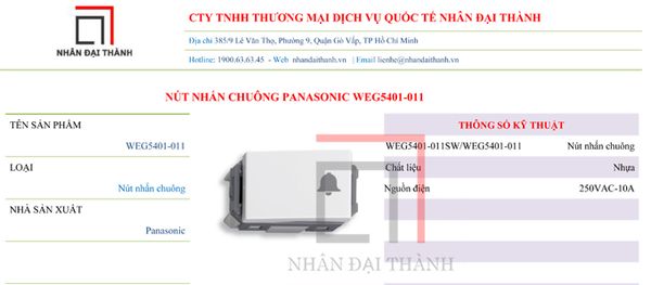 Thông số kỹ thuật của Nút nhấn chuông Panasonic WEG5401-011
