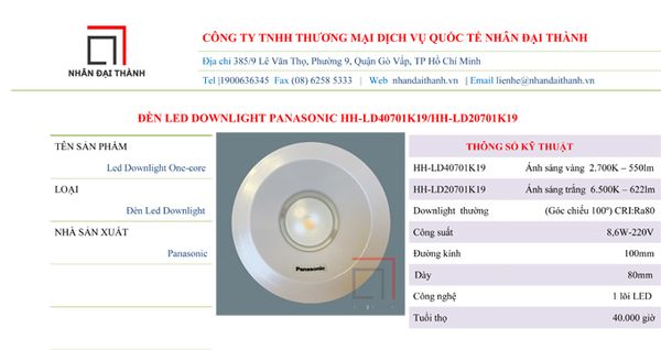 Thông số kỹ thuật của đèn LED Downlight one-core HH-LD40701K19/HH-LD20701K19