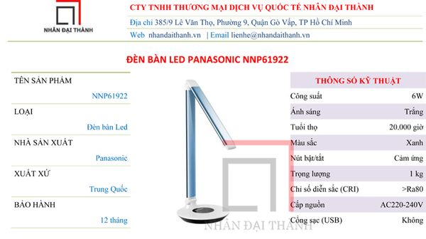 Thông số kỹ thuật của Đèn bàn Led Panasonic NNP61922