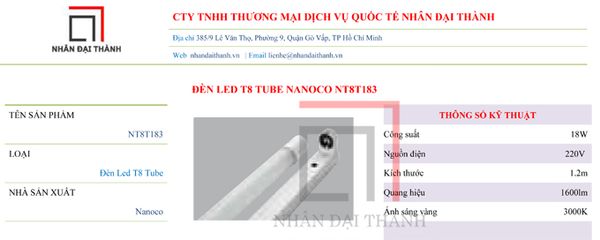 Thông số kỹ thuật của Đèn Led T8 Tube Nanoco NT8T183