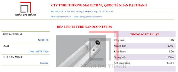 Thông số kỹ thuật của Đèn Led T8 Tube Nanoco NT8T186